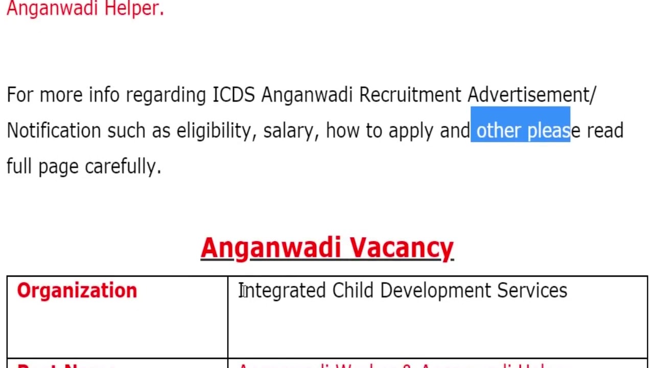 Anganwadi Vacancy 2019 for Worker, Helper, Teacher and Supervisor