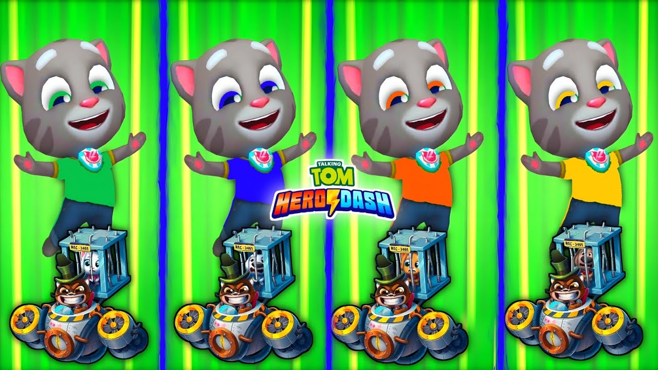 Talking Tom Hero Dash : Green Tom, Blue Tom, Orange Tom, Yellow Tom, Fights The Big Boss Raccoons