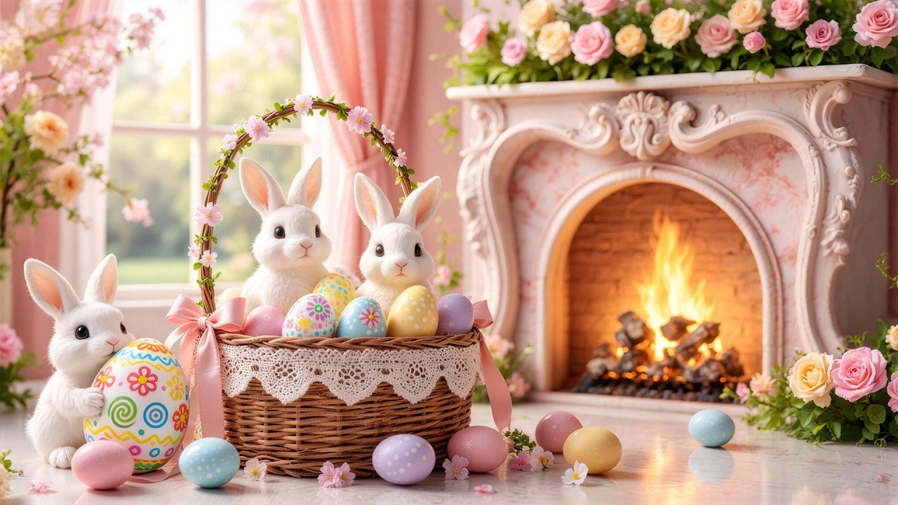 Happy Easter 💐 Cozy Easter Ambience with Relaxing Piano Music 🐰 Cute Bunny with Colorful Eggs
