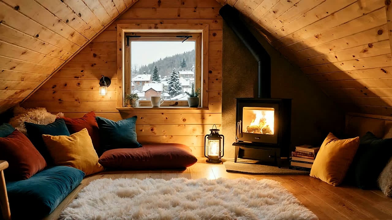 Attic Winter Fireplace Jazz with Warm Wood Interior - Cozy Snowy Escape 10 Hours 02