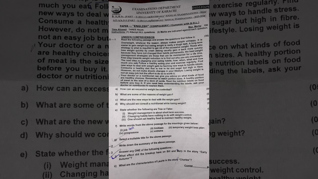 English B.a part 1 ADA English compulsory paper karachi university yeh paper 1 Feb 2025 m hua hai