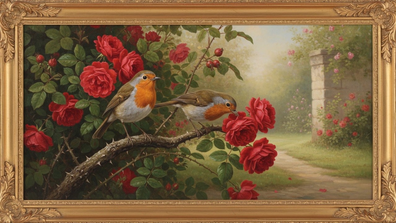 4K Romantic Vintage Frame TV Art 🐦🌹 Robins on Rose Bush | 4K TV Screensaver Wall Decor