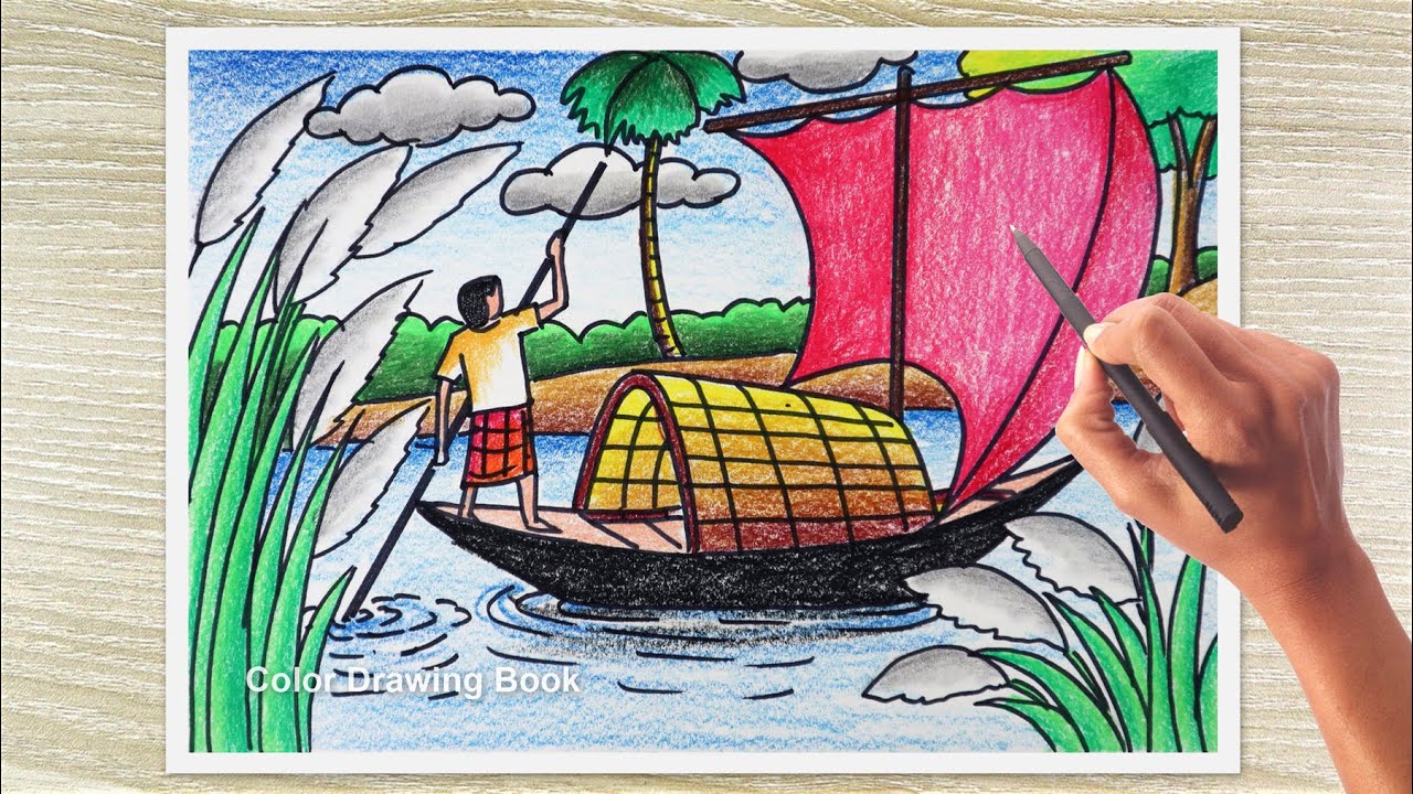 Easy Color Pencil Drawing Tutorial, How to Draw River & Boat Scenery for beginners