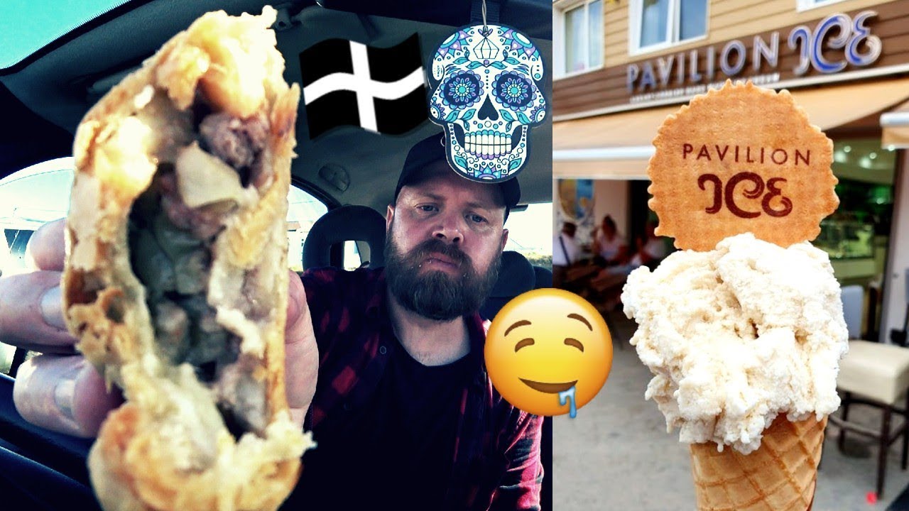 Cornish ICE CREAM & PASTY Food Reaction Perranporth Cornwall England