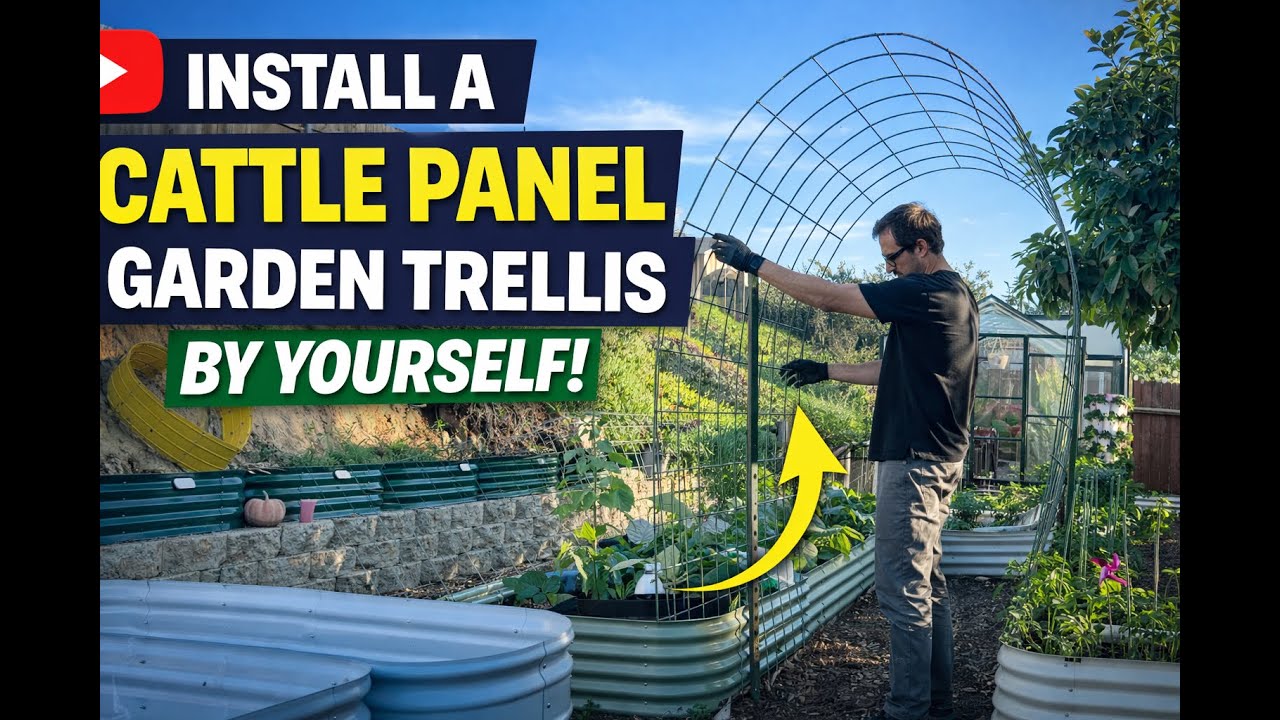 How to Install a Cattle Panel Garden Trellis BY YOURSELF (Between Raised Beds)