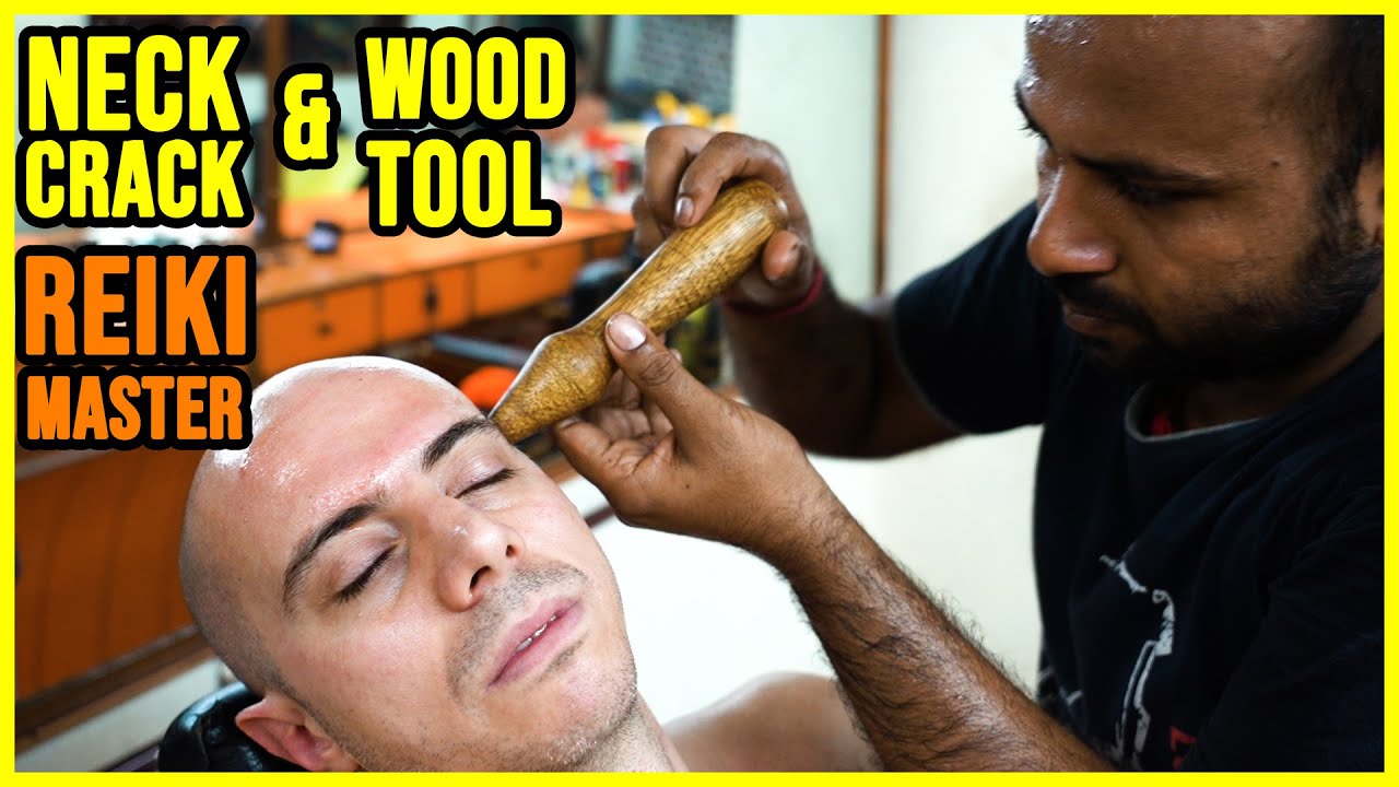 ASMR HEAD and BACK MASSAGE with NECK CRACKING and WOOD TOOLS by REIKI MASTER
