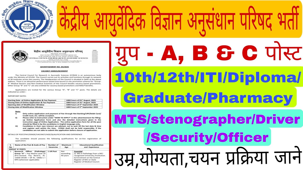 केंद्रीय आयुर्वेदिक विज्ञान अनुसंधान परिषद (CCRAS) नई भर्ती 2025|आयुष मंत्रालय में निकली नई भर्ती |