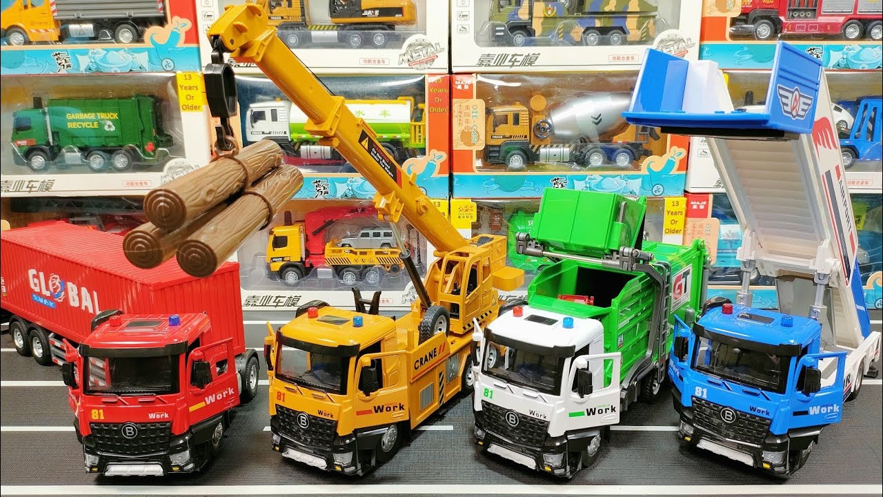 Diecast Model Cars Of Container Truck, Crane Truck, Garbage Truck, Passenger Stair Truck