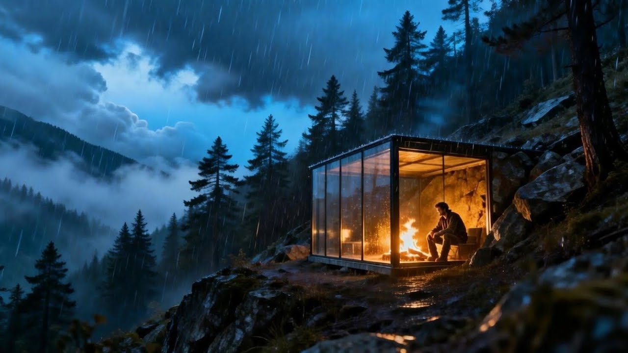 Silent Survival ASMR | Building a Hidden Glass Room Beneath the Stormy Mountains