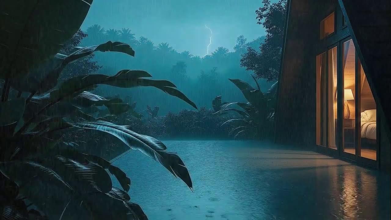 Instant Sleep with Gentle Rainfall and Low Thunder Echo at Cabin Terrace 🌧️
