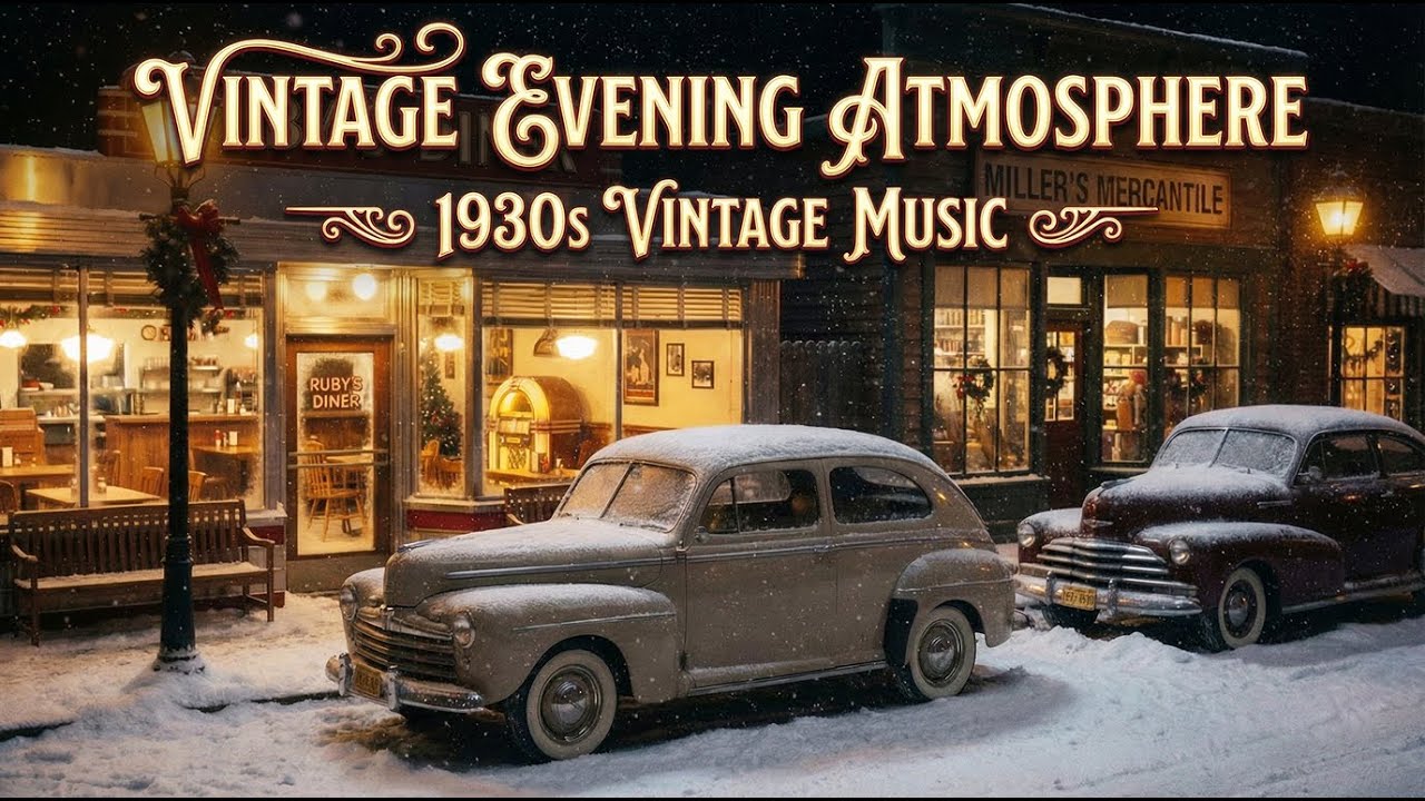 Vintage Music 1930s Small Town | Snowy Diner Night & Cozy Street Ambience