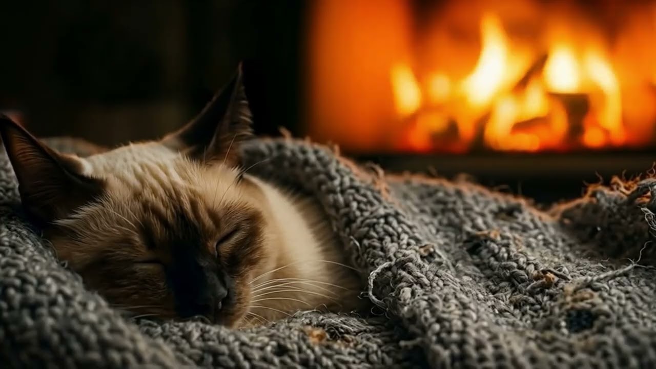 Sleepy Cat by the Fireplace 9H 4K | Cozy Blanket, Purring & Crackling Fire Sounds for Deep Sleep