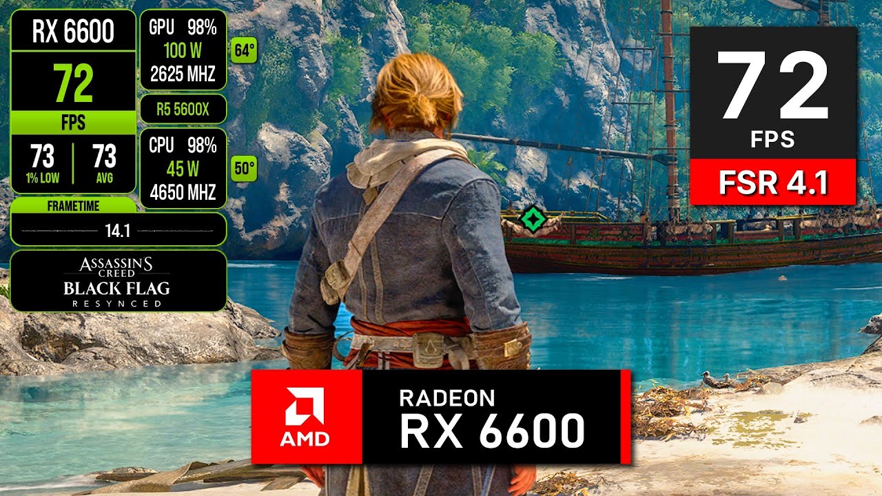 AC Black Flag Resynced - RX 6600 Linux Test | FSR 4.1, 1440p, 1080p, High Settings