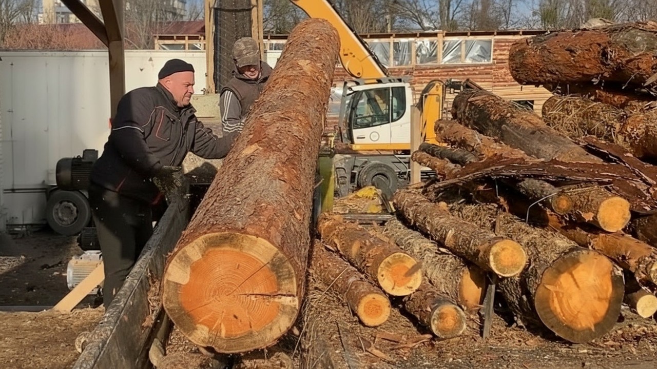 Two Workers Manually Loading a Massive Log into the Shredder.