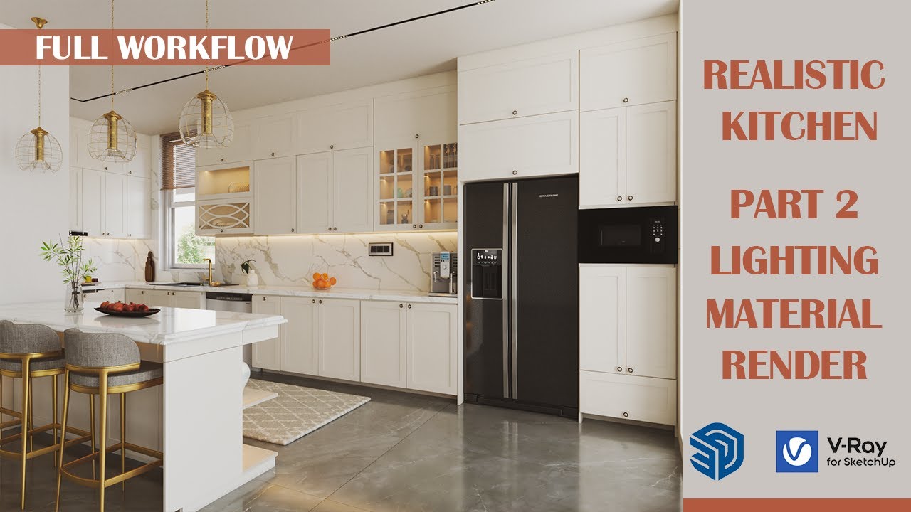 SketchUp V-ray Render Tutorial | Design Kitchen lighting - Material | Interior  Design Part 2
