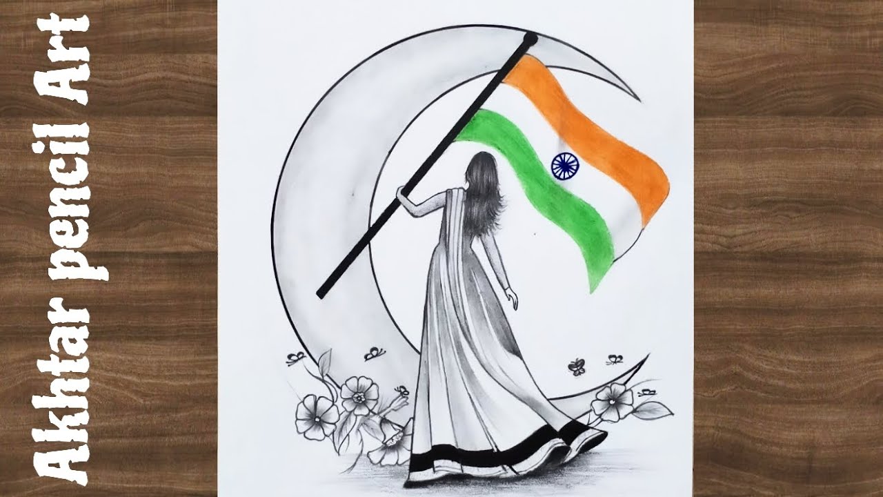 Republic Day Drawing Easy, How To Draw 26 January Drawing, Beautiful Girl Drawing With Flag