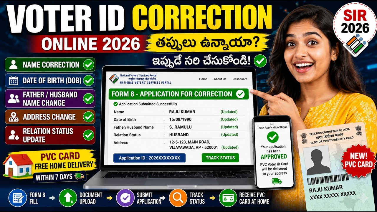 Voter ID Correction Online 2026 Telugu | Name, DOB, Address Change & Form 8 for SIR 2026