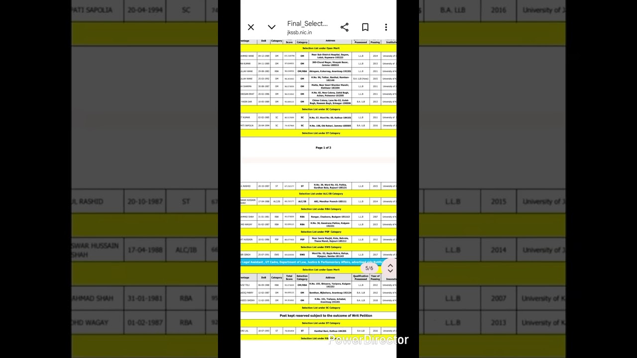Jkssb final selection list legal assistant & junior legal assistant 