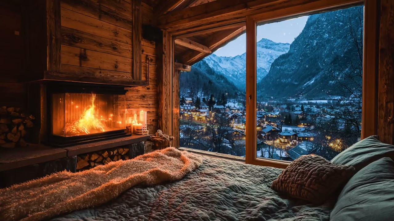 Peaceful Winter Cabin Night ❄️| Warm Fireplace Crackles and Gentle Snowfall for Relaxation and Sleep