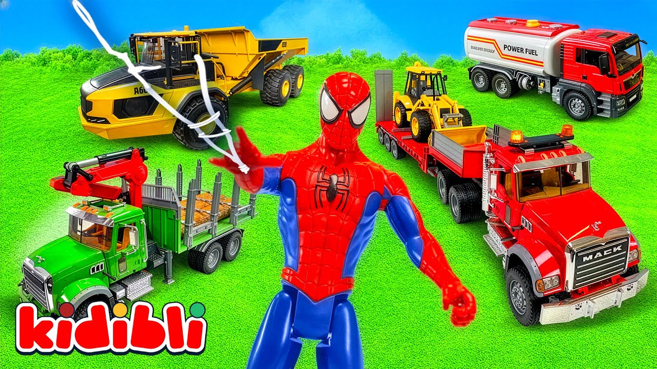 Homem-Aranha Spiderman resgata Brinquedos caminhões 🚛 Missão resgate para Crianças | Kidibli