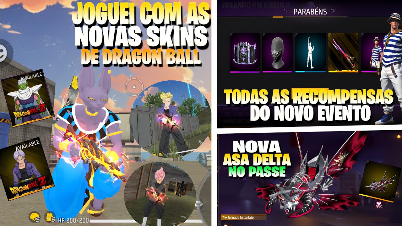 JOGUEI COM AS SKINS DE DRAGON BALL NO FREE FIRE! NOVAS SKINS GRÁTIS, NOVA ASA DELTA NO PASSE E MAIS!