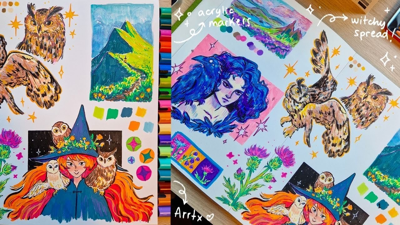 Рисуйте вместе со мной! 🦉✨ Рисуем ведьм акриловыми маркерами Arrtx ⊹ ࣪ ˖