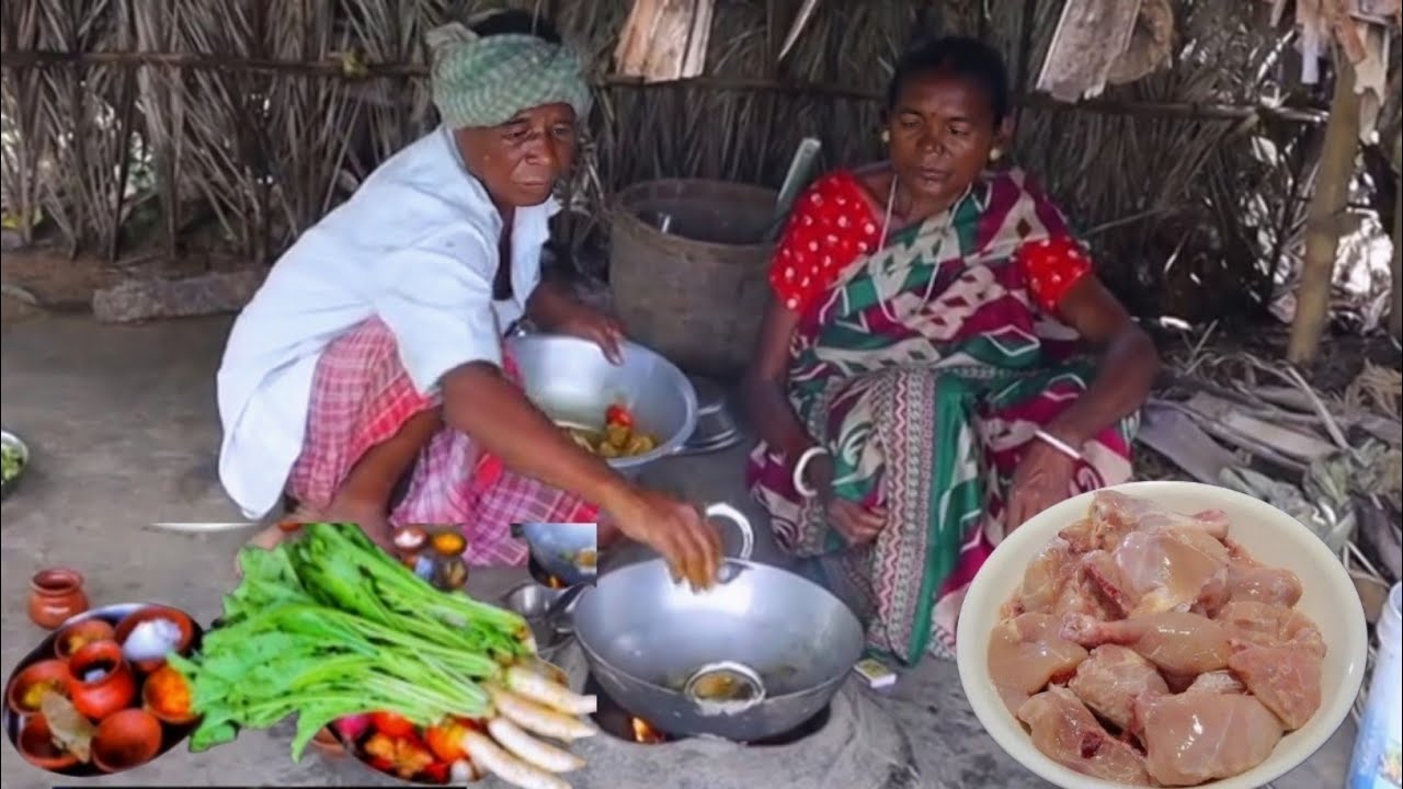 Fried Chicken Curry and Mulo Shak | chicken curry recipe | cooking and eating by santali old couple