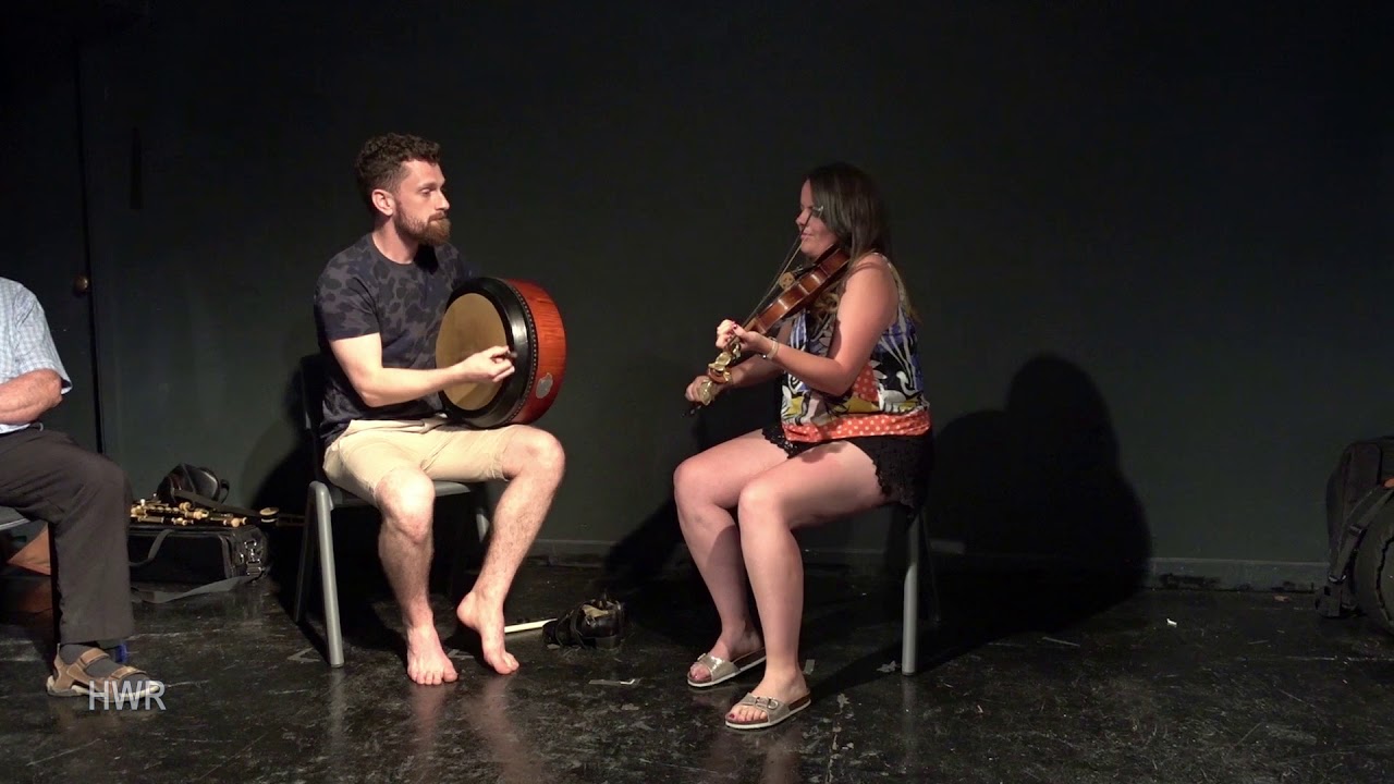 Eamon Moloney on bodhran (1), Áine McGeeney on fiddle - Craiceann Bodhrán Festival 2018