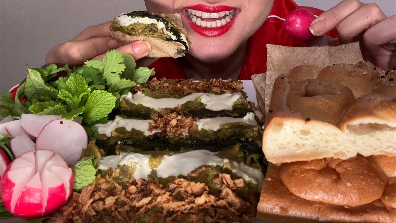 Mukbang Kashk bademjan| موکبانگ کشک بادمجان با سبزی و پیاز