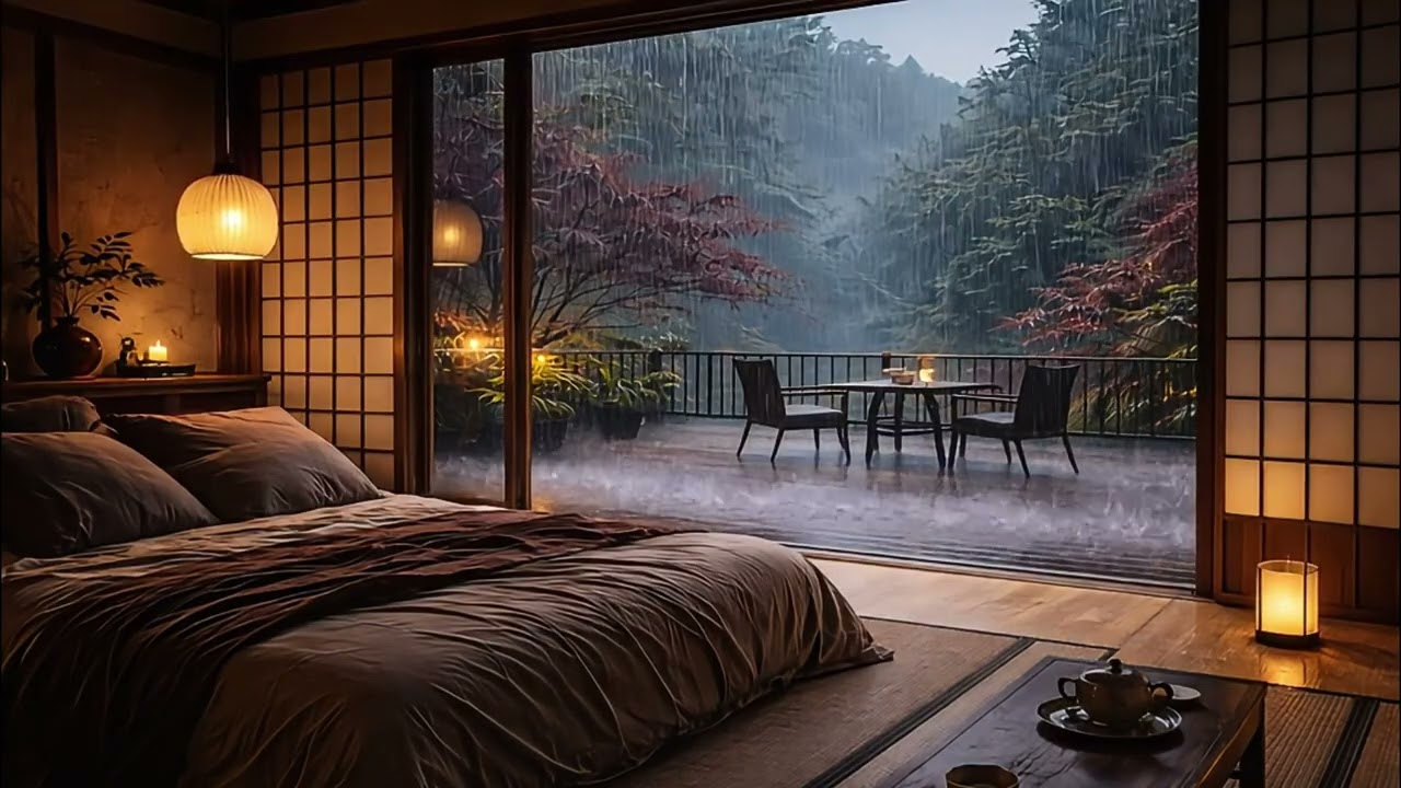 FALL INTO SLEEP INSTANTLY | 3 Hours Heavy Rain on Japanese Balcony & Soft Piano for Deep Sleep