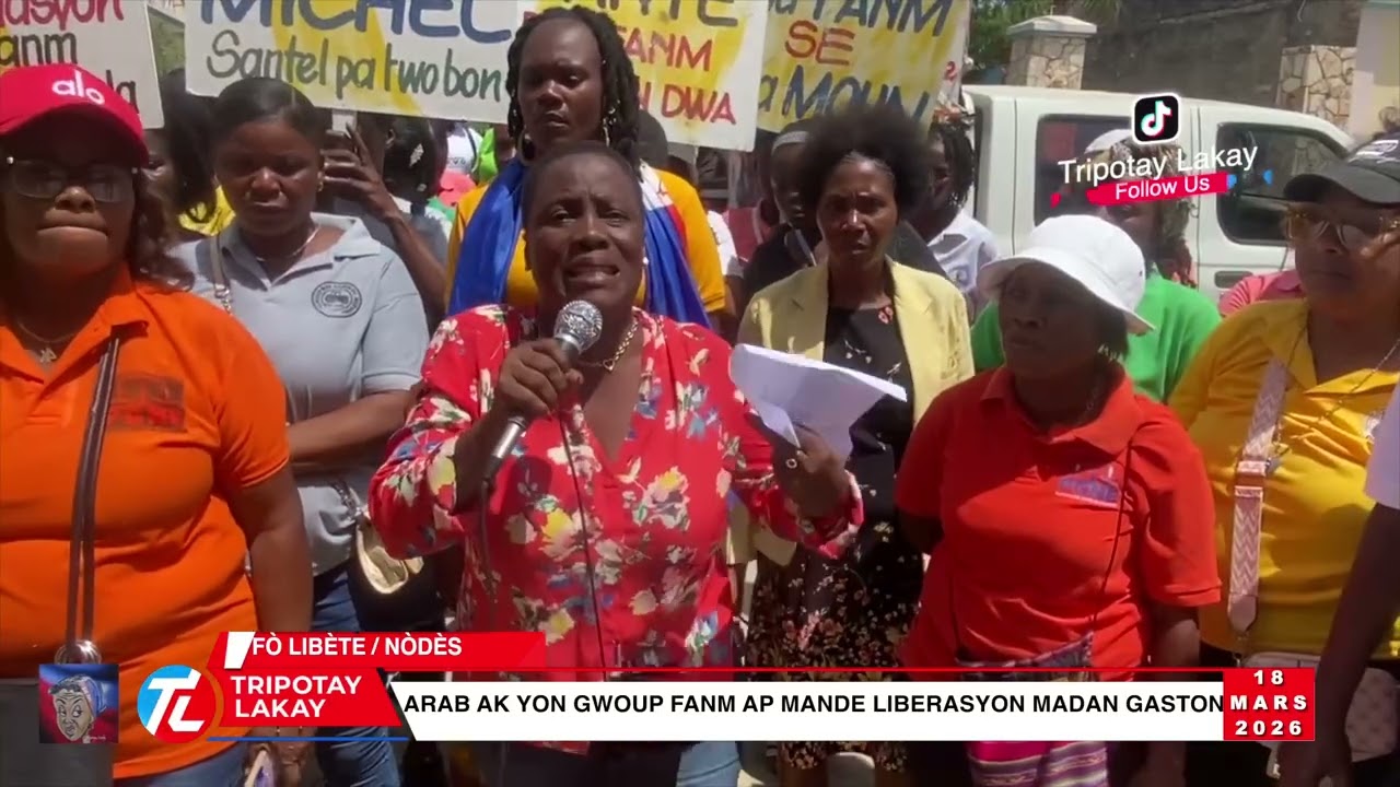 Nèg Arab la debake ak yon gwoup fanm devan pakè fò libète a pou mande liberasyon madan Gaston