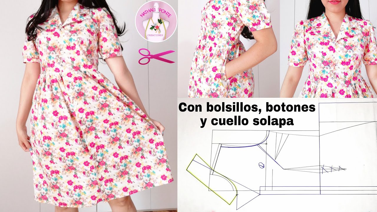 🌸#40 Como hacer un vestido con cuello solapa, bolsillos y botones paso a paso.