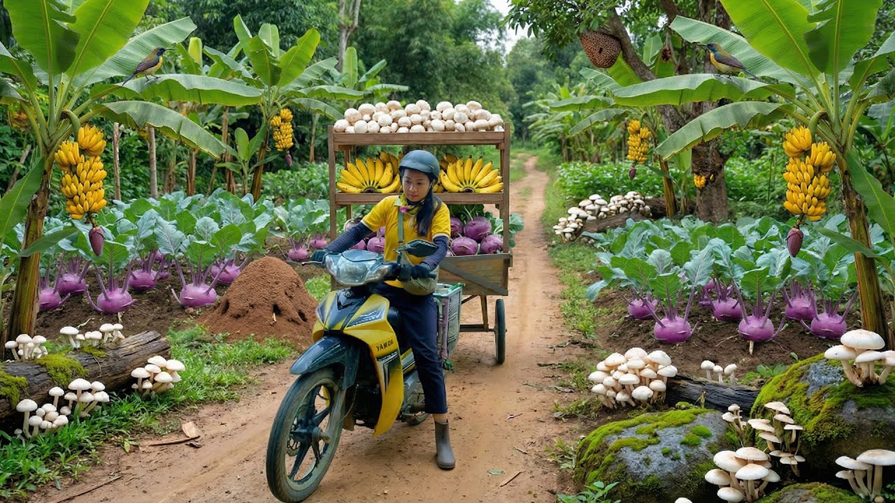 Harvest A Truckload Of Purple Kohlrabi, Bananas,  Mushrooms – Sell At The Market – Cook With Them