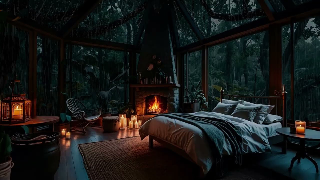 Soft Night Rain on Glass with Fireplace | Deep Sleep & Calm Evening Ambience