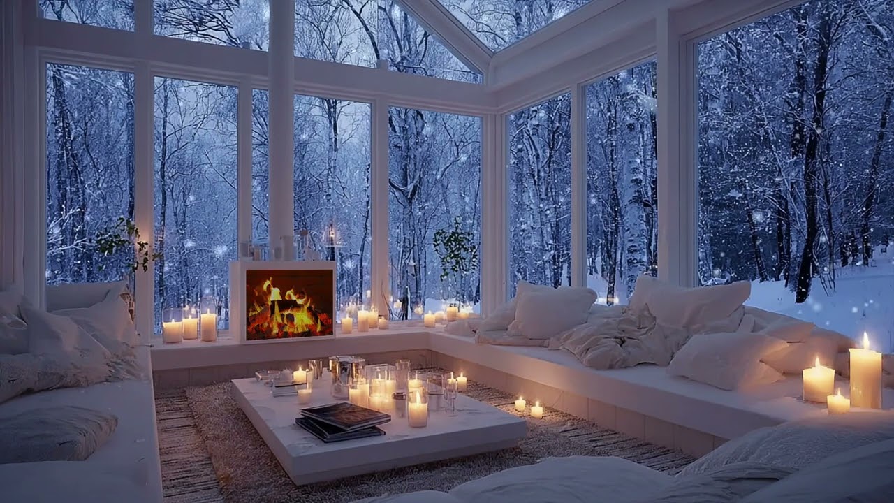 Quiet Winter Piano Lounge ❄️ Snow Outside, Fireplace Warmth for Focus, Study and Calm