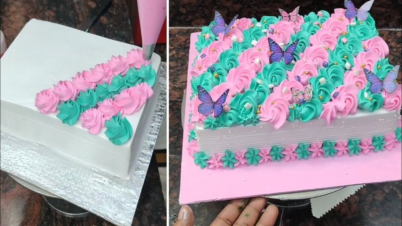 Pink & Green Floral Cake Design | Premium Cake Decoration | Square Cake Decoration Idea 