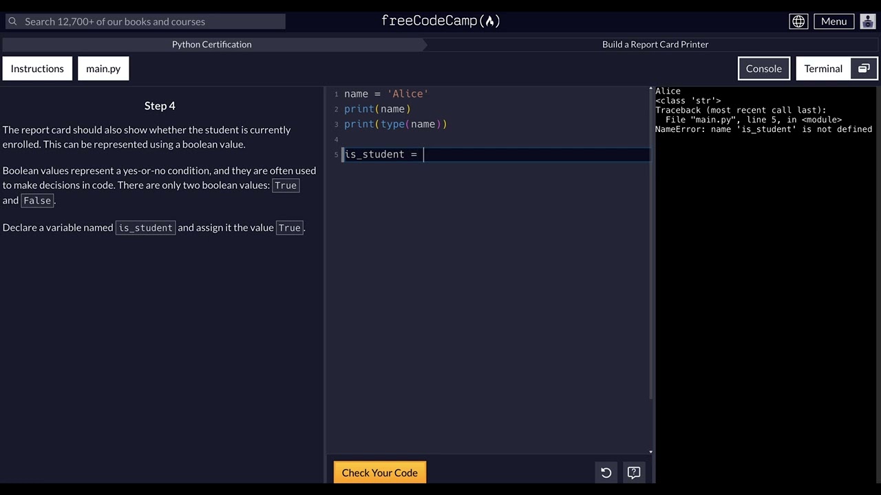 FreeCodeCamp - Python Project  - Step 4 of 10 - Build a Report Card Printer