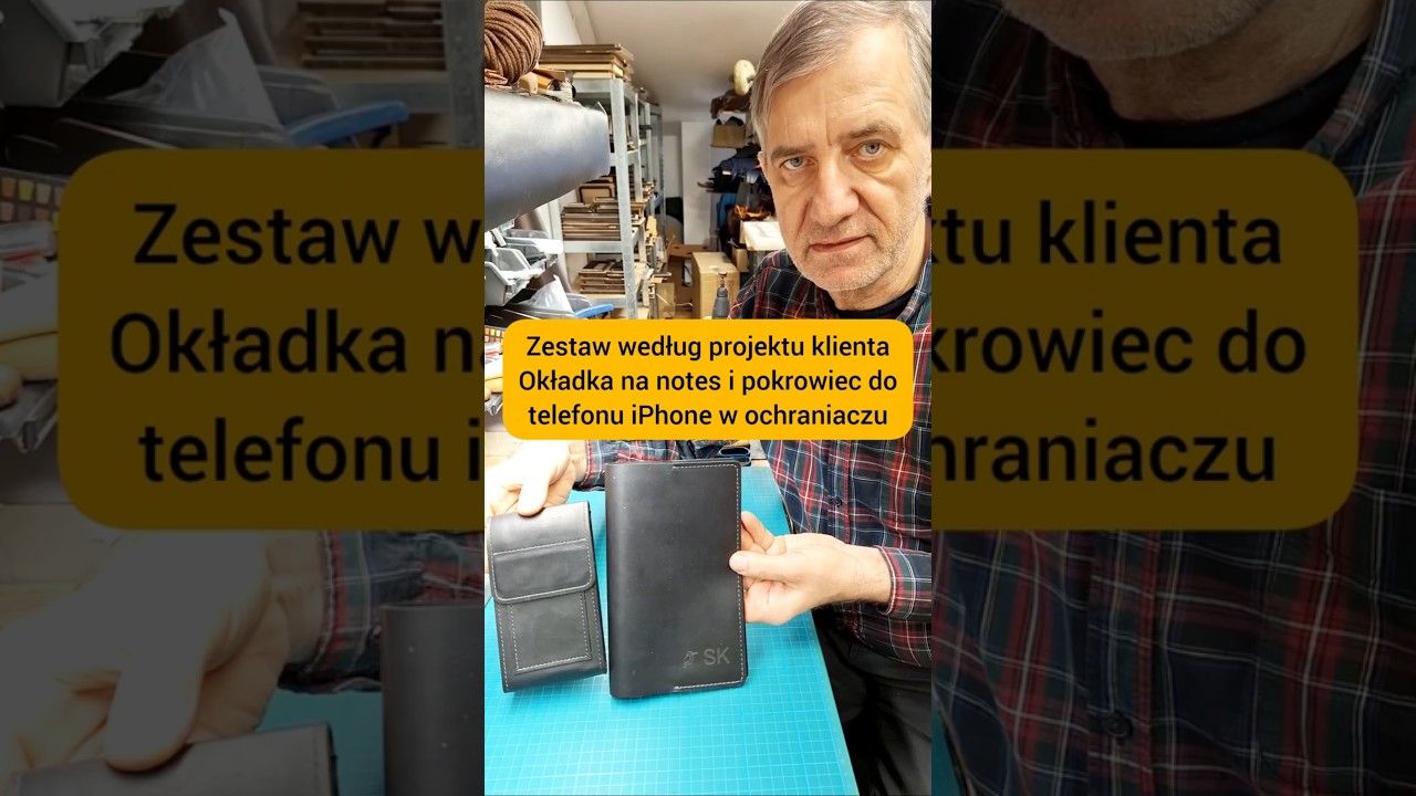 Sk&oacute;rzany zestaw wykonany według projektu klienta - okładka do notesu i pokrowiec do telefonu