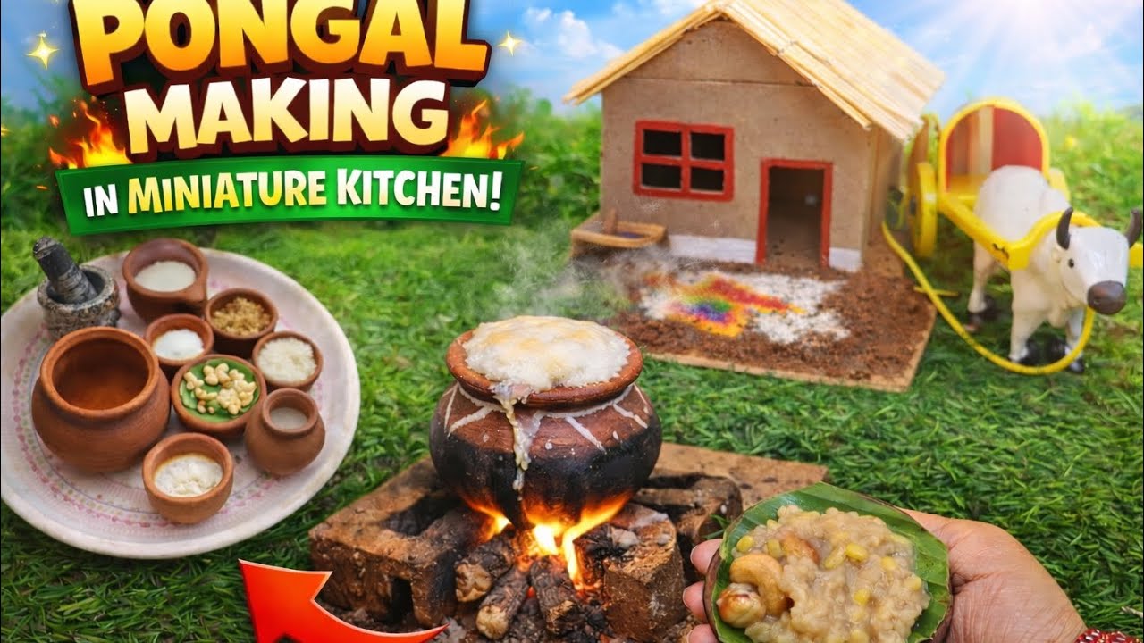 Traditional Pongal Making  🍚🔥in Miniature Kitchen  | Mini Pongal Cooking in Small Pot