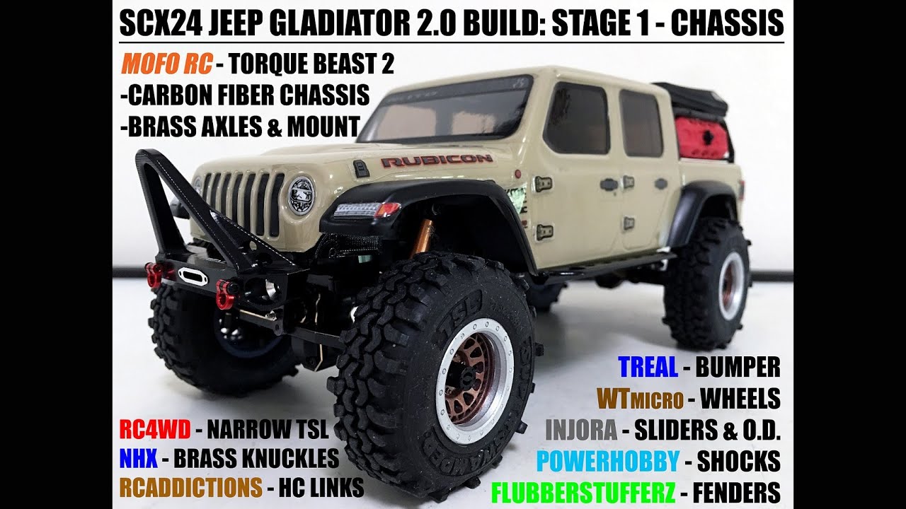 SCX24 JEEP GLADIATOR 2.0 BUILD - STAGE 1: CF RAILS, HC LINKS, BRASS AXLES & TRAY, SERVO, RIMS, TIRES