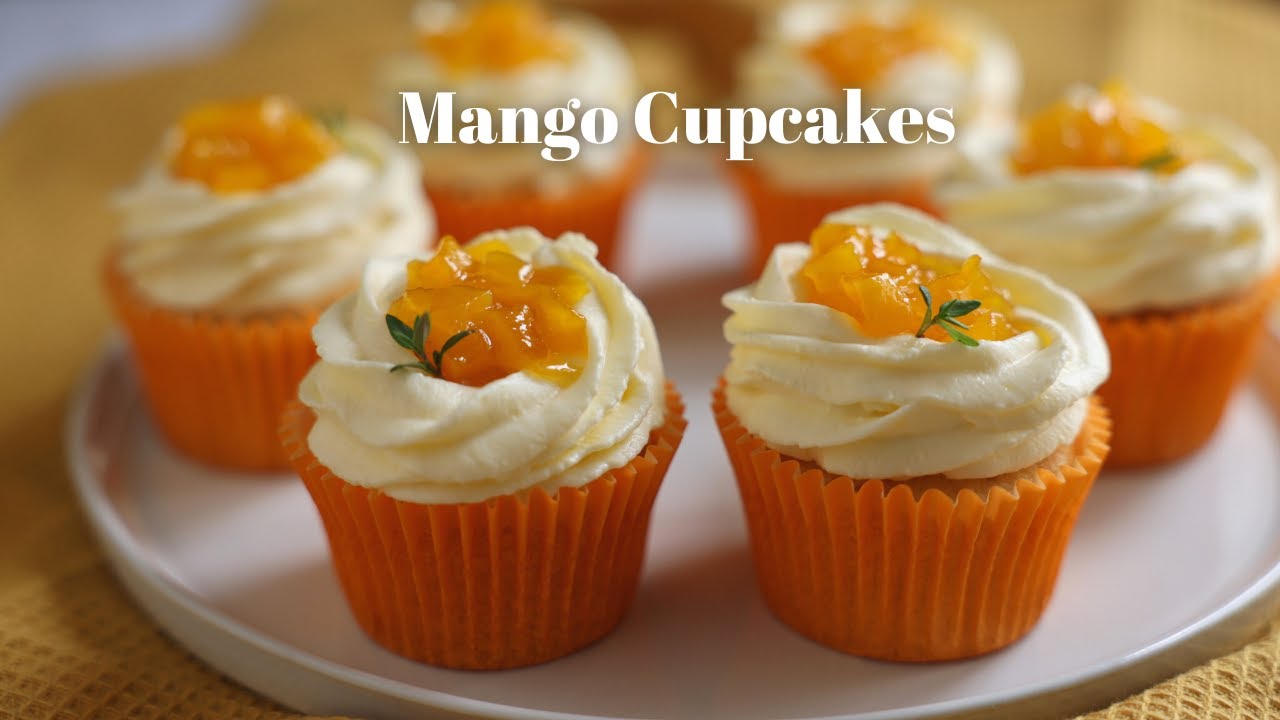 Mango Cupcake Recipe with Cream Cheese Frosting and Mango Compote | Cupcake Decorating | ASMR Baking