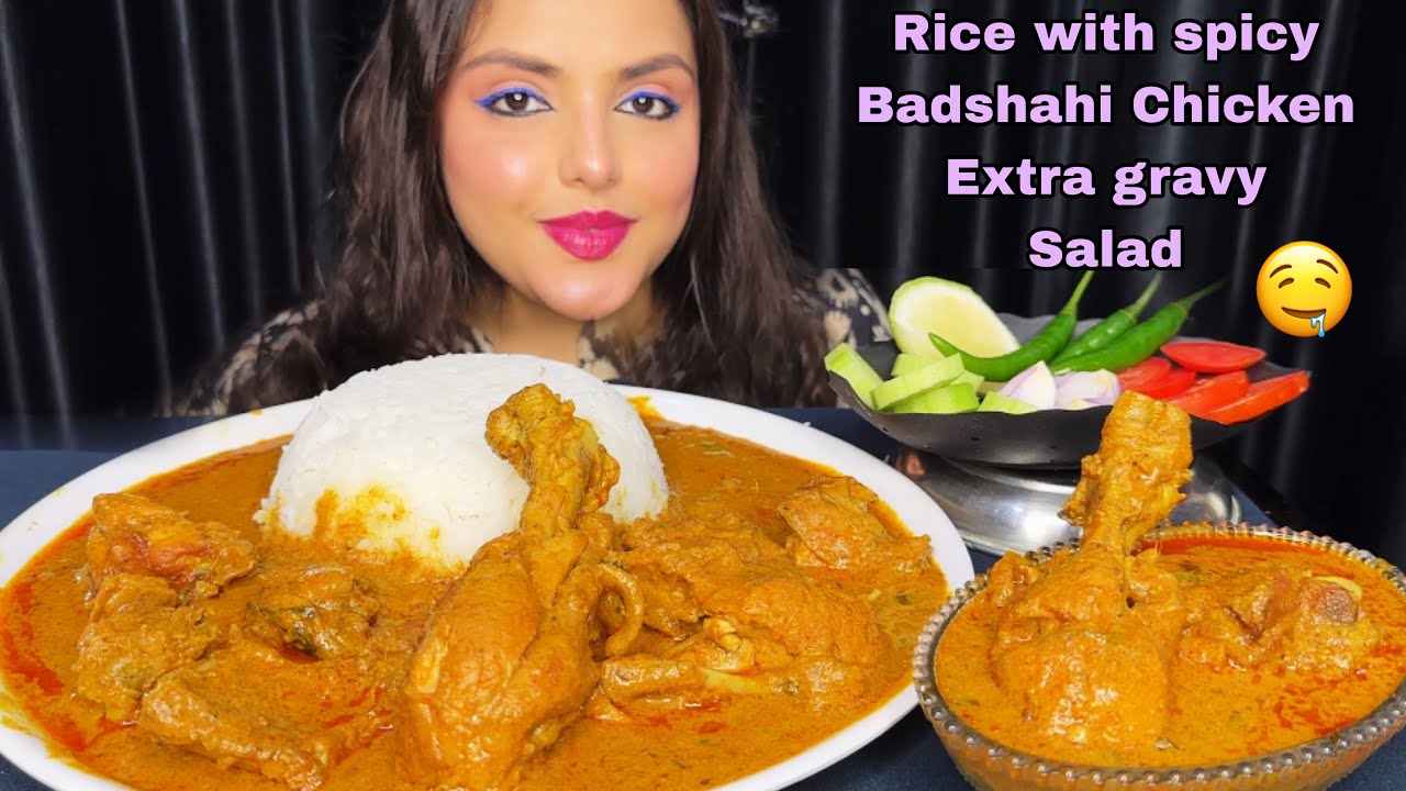 Eating Rice, Badshahi Chicken Curry, Extra Gravy, Salad| Mukbang Eating Show| Big Bites