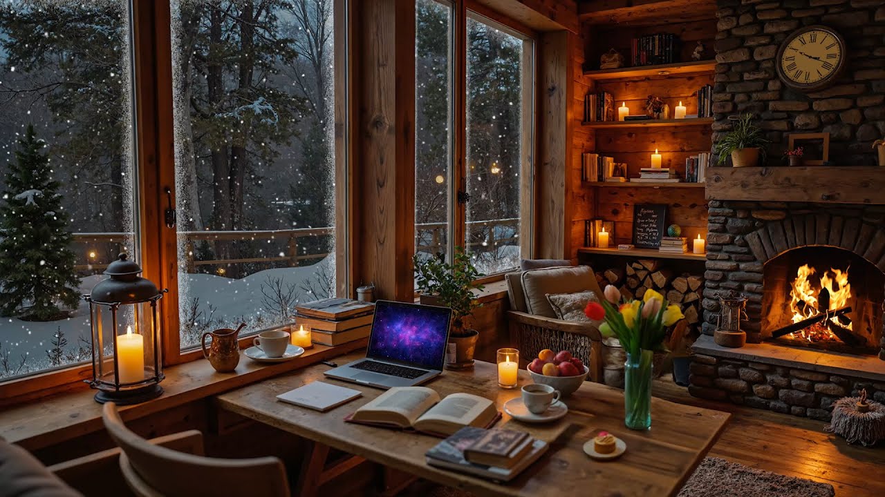 Relaxing Jazz Coffee Shop Ambience ☕ Cozy Snowy Café with Fireplace Sounds for Focus & Work