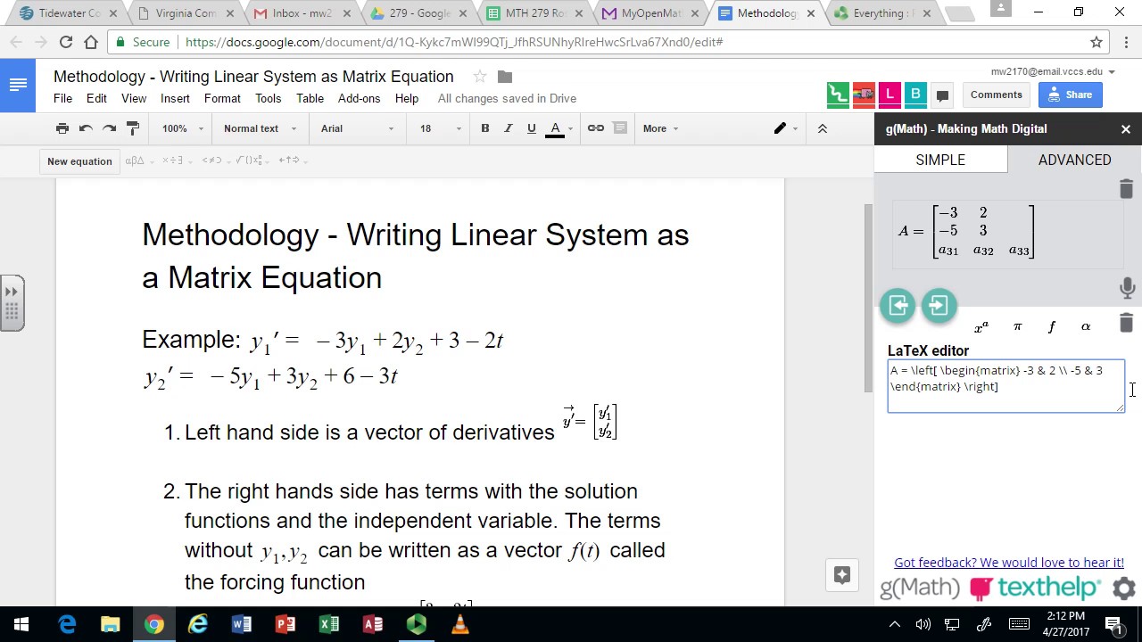 Writing a Linear System in Matrix form