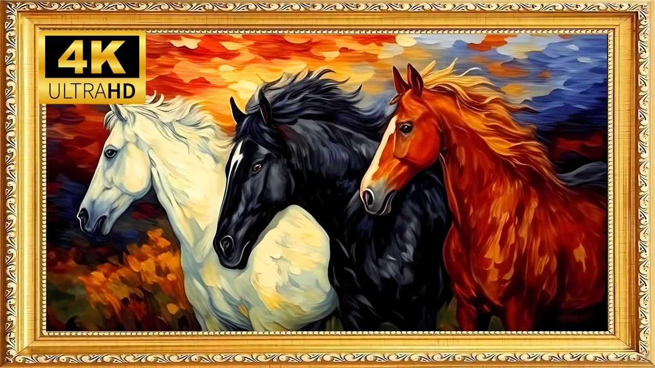 Feng Shui Three Horses — Vintage Frame TV Art for Power, Harmony & Success [4K UHD]