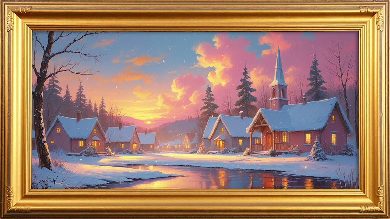 Winter Sunrise Christmas Morning, Vintage Impressionist Oil Painting | Framed TV Art Screensaver