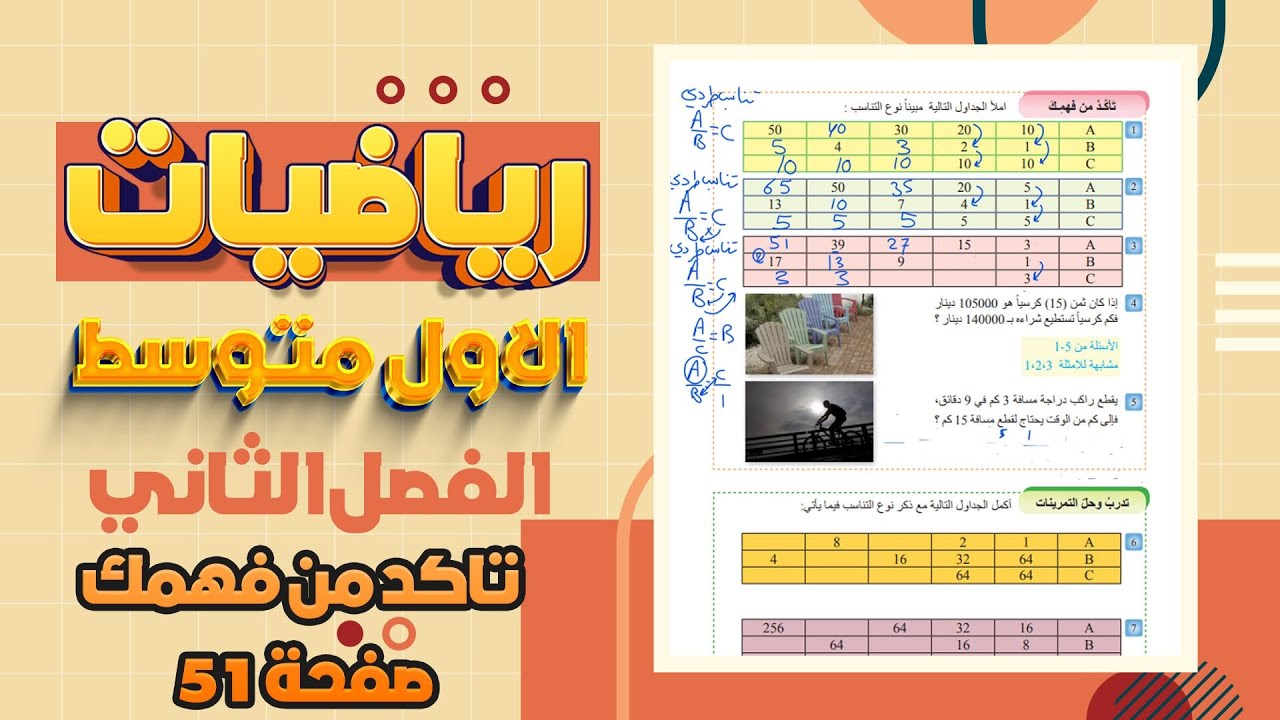 تاكد من فهمك صفحة 51 التناسب الطردي والتناسب العكسي رياضيات اول متوسط