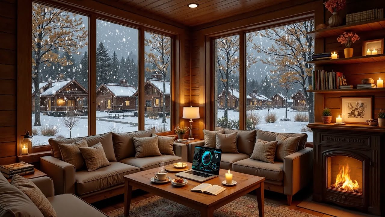 Cozy Winter Coffee Shop Ambience ❄️ Soft Piano Music & Warm Fireplace for Study