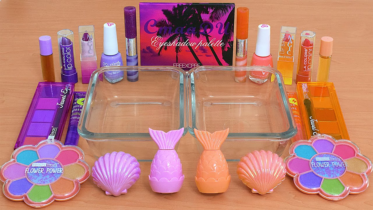 Purple vs Sunset Orange - Mixing Makeup Eyeshadow Into Slime ASMR