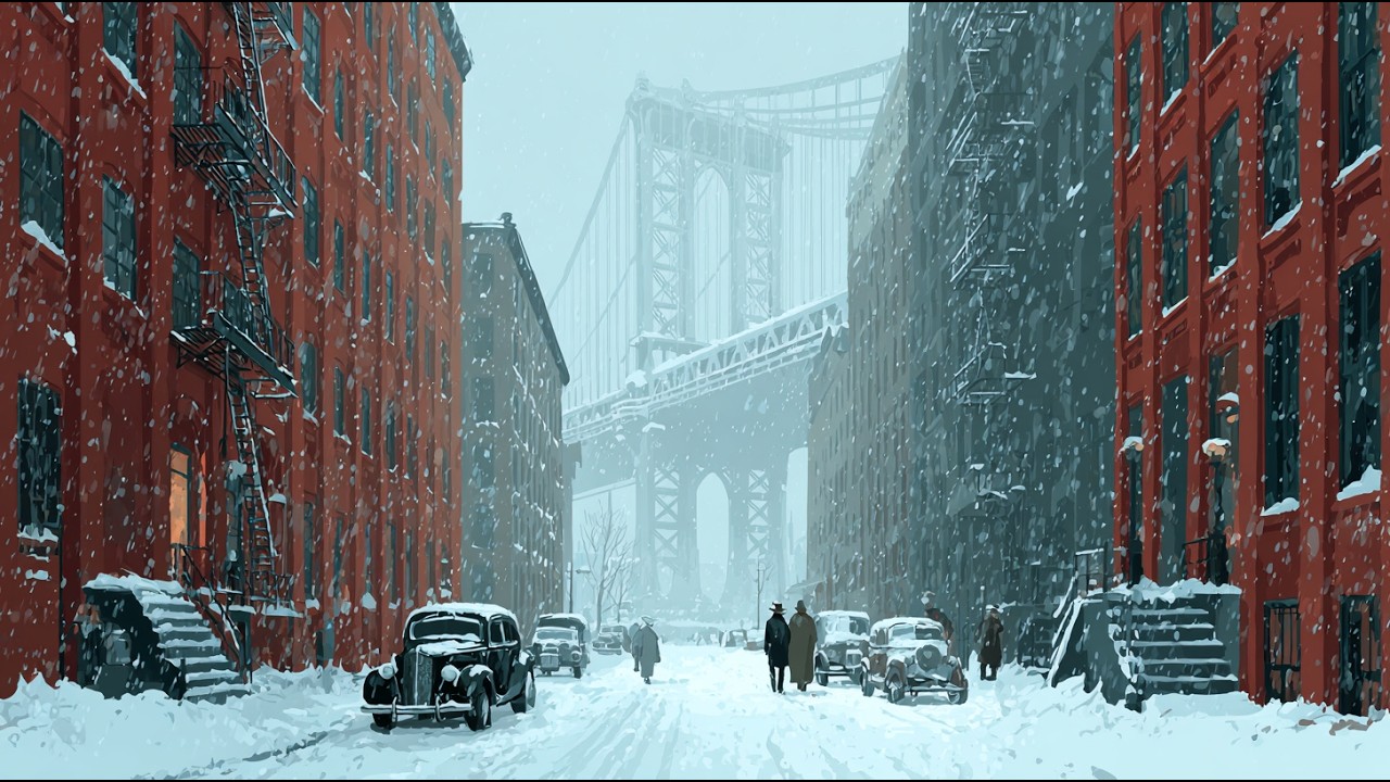 Snowy Red Brick Streets ❄️ Vintage Jazz Echoing Beneath an Old Steel Bridge